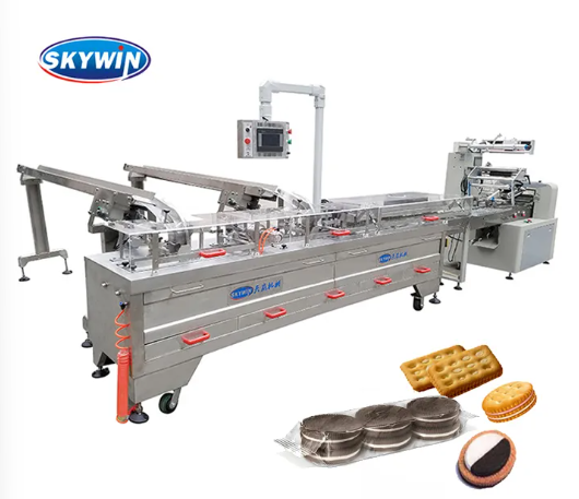 Skywin Two Lanes Cookies Biscuit Cream Sandwiching Machine With On Edge Flow Packing
