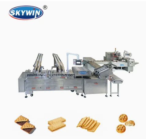 Skywin Two Lanes Cookies Biscuit Cream Sandwiching Machine With On Edge Flow Packing