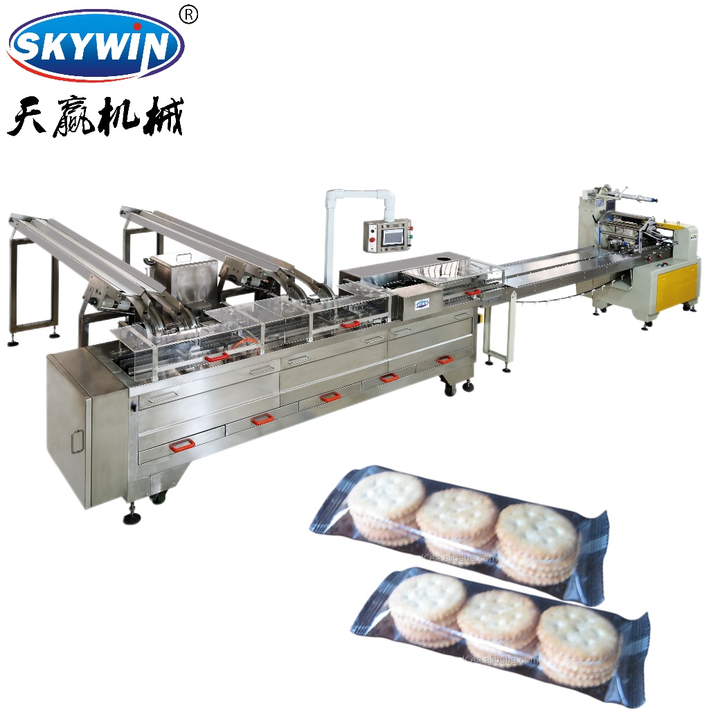 Skywin Two Lane One Color Biscuit Sandwiching Machine with Flow Packing Machine