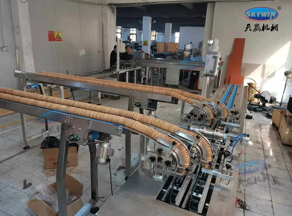 Skywin Two Lanes Jam Chocolate Cream Filling Cookies Sandwich Biscuit Making Machine