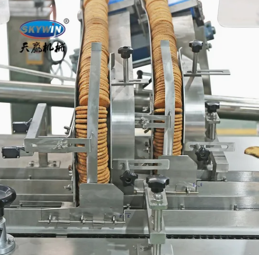 Skywin Two Lanes Jam Cookies Biscuit Cream Sandwiching Machine With On Edge Flow Packing