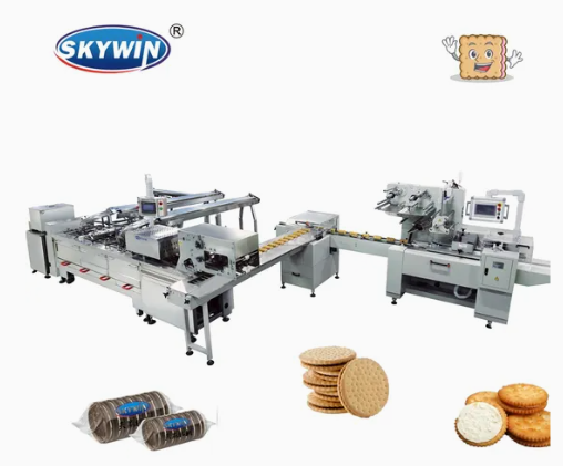 M&aacute;quina de galletas tipo s&aacute;ndwich de dos carriles Skywin con m&aacute;quina empacadora de borde
