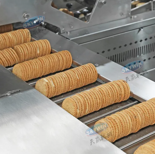 Skywin Two Lanes Jam Cookies Biscuit Cream Sandwiching Machine With On Edge Flow Packing