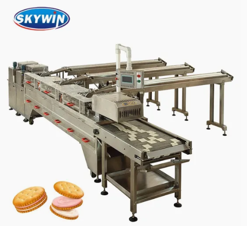 Skywin Two Lanes Cookies Biscuit Cream Sandwiching Machine With On Edge Flow Packing